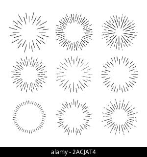 Vintage Sunburst Explosion Hand drawn Design Elements Fireworks Black Rays. Set of Black Sunbursts Graphic Elements. Stock Vector