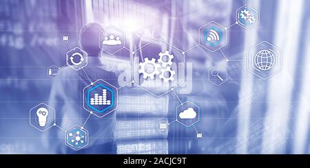 Abstract background business technology automation industry concept on blurred modern datacenter. Cogwheel Gears. Stock Photo