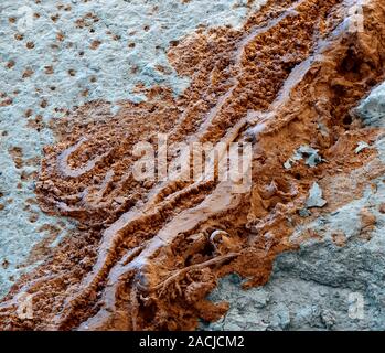 Rust. Coloured scanning electron micrograph (SEM) of rust (brown) on painted sheet metal. Rust is iron oxide. It forms when moisture and air act on un Stock Photo