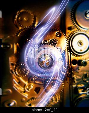 Electromechanics, conceptual image. Flash of electricity swirling against a background of cogs and gears. This image can represent the combination of Stock Photo
