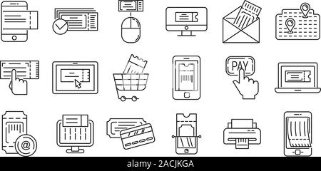 Online tickets booking icons set. Outline set of online tickets booking vector icons for web design isolated on white background Stock Vector