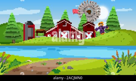 Farm with red barn and scarecrow on transparent background illustration ...