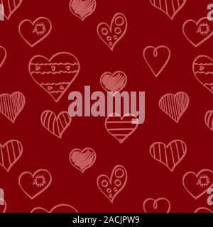 Seamless pattern with hand drawn heart shapes. Dark red backdrop. Vector illustartion. Stock Vector
