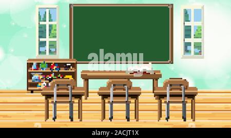 Classroom scene with chalkboard and desks illustration Stock Vector ...