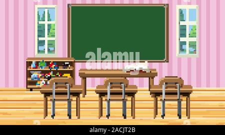 Classroom scene with chalkboard and desks illustration Stock Vector ...