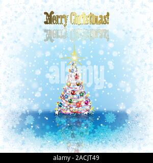Abstract blue background with Christmas tree and snowflakes Stock Vector