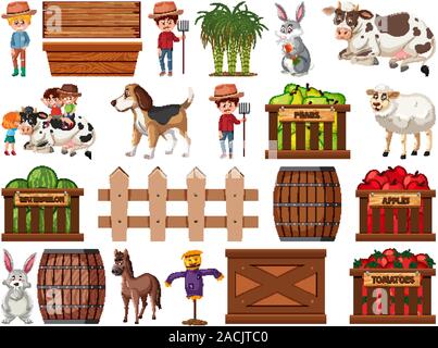 Large set of isolated farm objects illustration Stock Vector