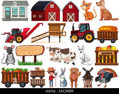Large set of isolated farm objects illustration Stock Vector