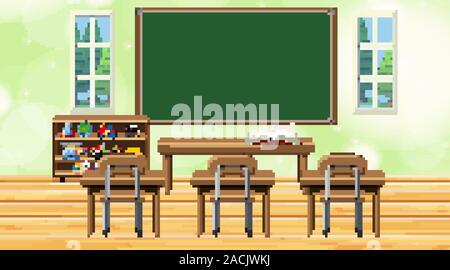 Classroom scene with chalkboard and desks illustration Stock Vector ...