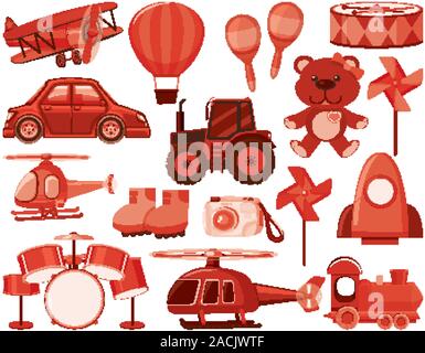 Large set of different objects in red illustration Stock Vector