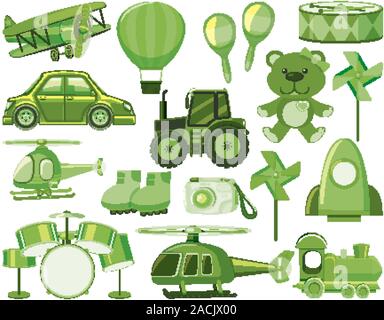 Large set of different objects in green illustration Stock Vector