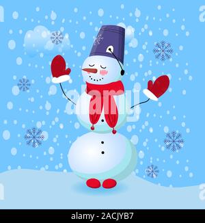 Snowman with a bucket on his head. Cute winter character made of snow. Blue background. Vector illustration. Christmas and New Year.. Stock Vector