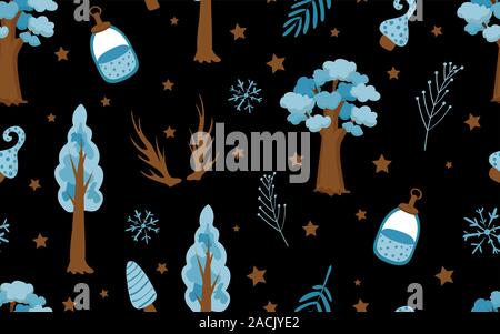 Cute fashion pattern in the northern style. Blue tone. Tree, deer horns and leaves on a white background. Children's textiles.. Stock Vector