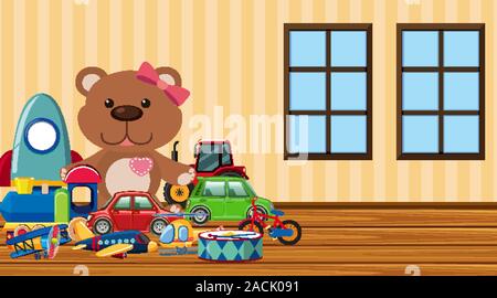 Scene with many cute toys on the floor illustration Stock Vector Image ...