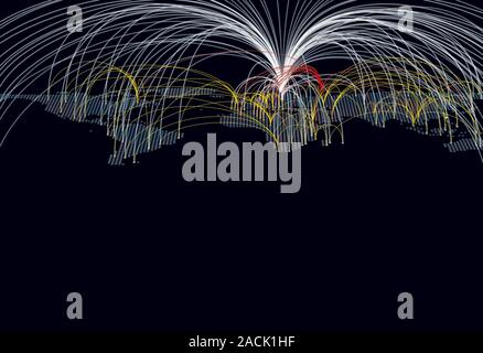 Cyber warfare. Conceptual artwork of arching coloured lines linking points on a world map. This image can be used to represent cyber warfare, where at Stock Photo
