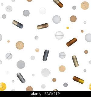 Pill and tablet, capsules. Vector illustration. Seamless pattern background. Stock Vector