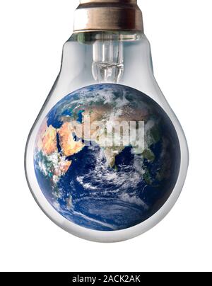 Global warming, conceptual image. Computer artwork of the Earth inside an incandescent lightbulb representing the effect of energy usage on the global Stock Photo