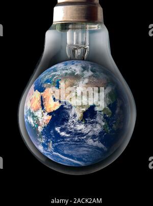 Global warming, conceptual image. Computer artwork of the Earth inside an incandescent lightbulb representing the effect of energy usage on the global Stock Photo