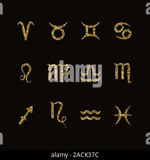 Zodiac sign set. Astrological horoscope. Vector illustration. Gold abstract icon. Dark background Stock Vector
