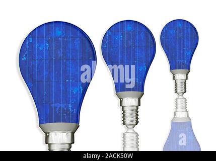 Solar-powered lights, conceptual image. Computer artwork of light bulbs made from photovoltaic cells (blue), representing the use of solar panels to p Stock Photo