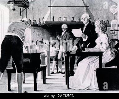Antoine Lavoisier (1743-1794), French chemist in his lab. Lavoisier (second from right) is considered to be the founder of modern chemistry. He was in Stock Photo