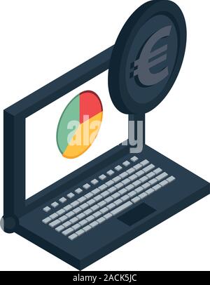 laptop computer with statistics pie and euro coin Stock Vector