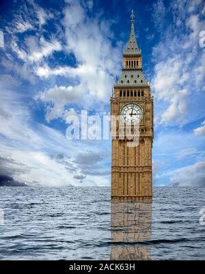 Climate change, conceptual image. One of the predicted effects of climate change is an increase in sea levels. Here, the Palace of Westminster's clock Stock Photo