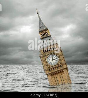 Climate change, conceptual image. One of the predicted effects of climate change is an increase in sea levels. Here, the Palace of Westminster's clock Stock Photo