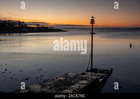 Seagull on a post at dusk at Caernarfon, North Wales coast Stock Photo