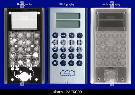 Calculator. X-ray (left), normal colour image (centre) and neutron image (right) of a pocket calculator. Neutronography, or neutron radiography, is a Stock Photo