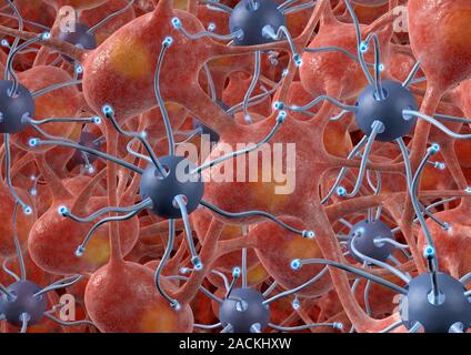 Medical nanorobots, conceptual image. Computer artwork of nanorobots repairing human nerve cells. Stock Photo