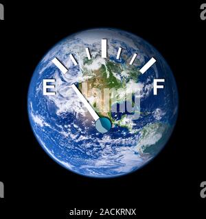 Global energy resources. Conceptual image of a fuel gauge on the Earth approaching empty (E). This represents global environmental issues relating to Stock Photo
