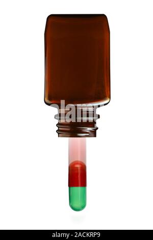Discarding drugs. Conceptual image of a capsule falling from a bottle, representing the discarding of unused drugs. Unused drugs should be disposed of Stock Photo