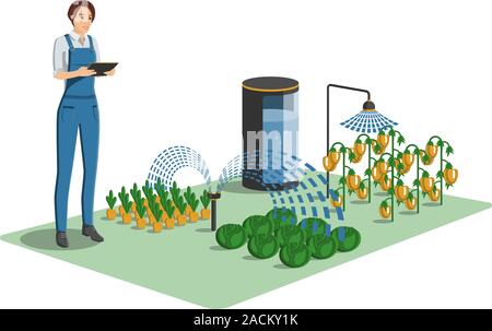 Woman farmer with digital tablet in greenhouse. Smart farm with wireless control. Vector illustration. Stock Vector