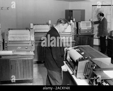 Met Office communications. Met Office workers using a range of Mufax machines, an early type of fax (facsimile) machine designed to send and receive w Stock Photo