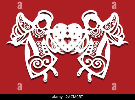 White Christmas flying two Angels on red background. Angels keep the heart in their hands. Silhouette of Angel may use for card, laser. cutting Stock Vector