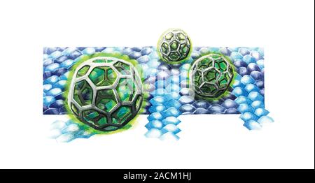Nanotechnology, conceptual image. Computer artwork of buckminsterfullerene molecules (buckyballs, spheres) on layers of graphene sheets (blue), repres Stock Photo