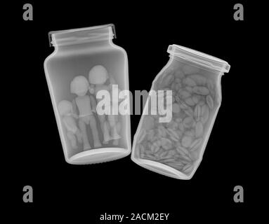 Assorted food jars. X-ray of jars containing human-shaped sweets (left) and coffee beans (right). Stock Photo