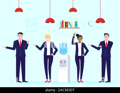 Teamwork of colleagues near the watercooler happy men and woman talking and working vector characters flat style vector illustration. Conversation at Stock Vector