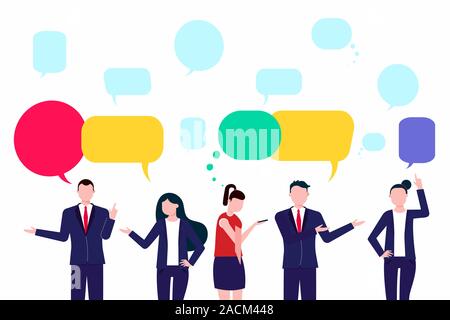 Teamwork of colleagues in the meeting room office with laptops, coffee and chairs happy men and woman talking and working vector characters flat style Stock Vector