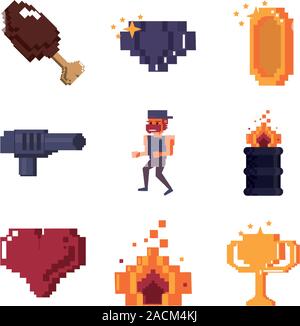 set of video game pixelated characters and street icons Stock Vector