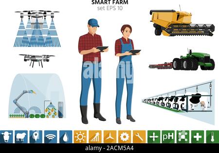 Smart farming set. Modern farmers with digital tablet, autonomous harvester, tractor, drone, greenhouse with robot, automated milking. Stock Vector