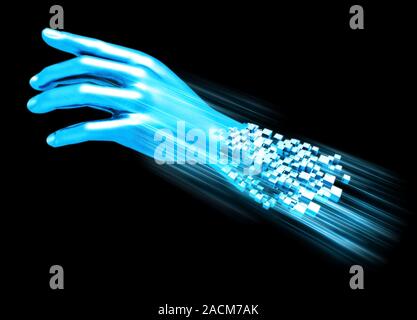 Digital future. Conceptual artwork of a hand assembled from multiple blocks reaching outwards. This image could represent digitisation of humans, incl Stock Photo