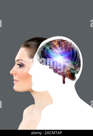 Brain thoughts. Conceptual artwork of a female figure and a blank outline of a human and its brain. This image could represent concepts such as brain Stock Photo