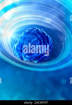 Brain abstract. Conceptual artwork of a light shining on a human brain centred within an abstract whirlpool setting. This image could represent concep Stock Photo