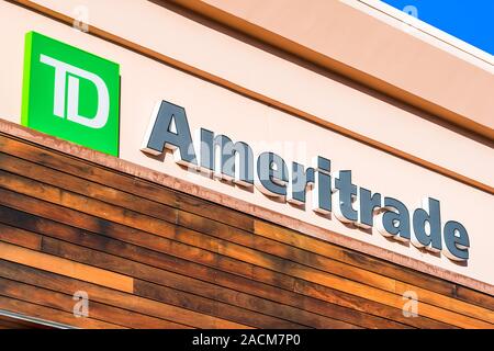 Nov 24, 2019 Cupertino / CA / USA - Close up of TD Ameritrade sign at a branch in Silicon Valley; TD Ameritrade is a broker that offers an electronic Stock Photo
