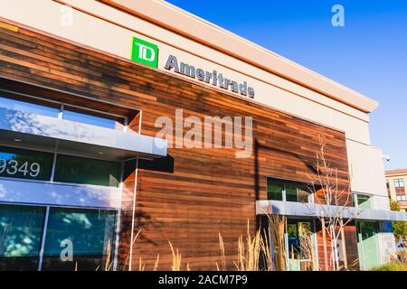 Nov 24, 2019 Cupertino / CA / USA - TD Ameritrade branch in Silicon Valley; TD Ameritrade is a broker that offers an electronic trading platform for t Stock Photo