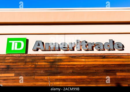 Nov 24, 2019 Cupertino / CA / USA - Close up of TD Ameritrade sign at a branch in Silicon Valley; TD Ameritrade is a broker that offers an electronic Stock Photo