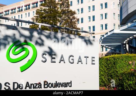 Nov 24, 2019 Cupertino / CA / USA - Seagate logo at their headquarters in Silicon Valley; Seagate Technology PLC is an American data storage company i Stock Photo