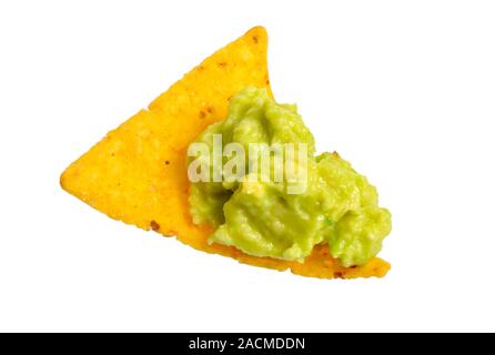Guacamole with nachos. Isolated on white background Stock Photo